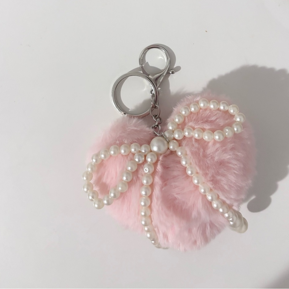 Fluffy plush Keychain with Pearl Bow